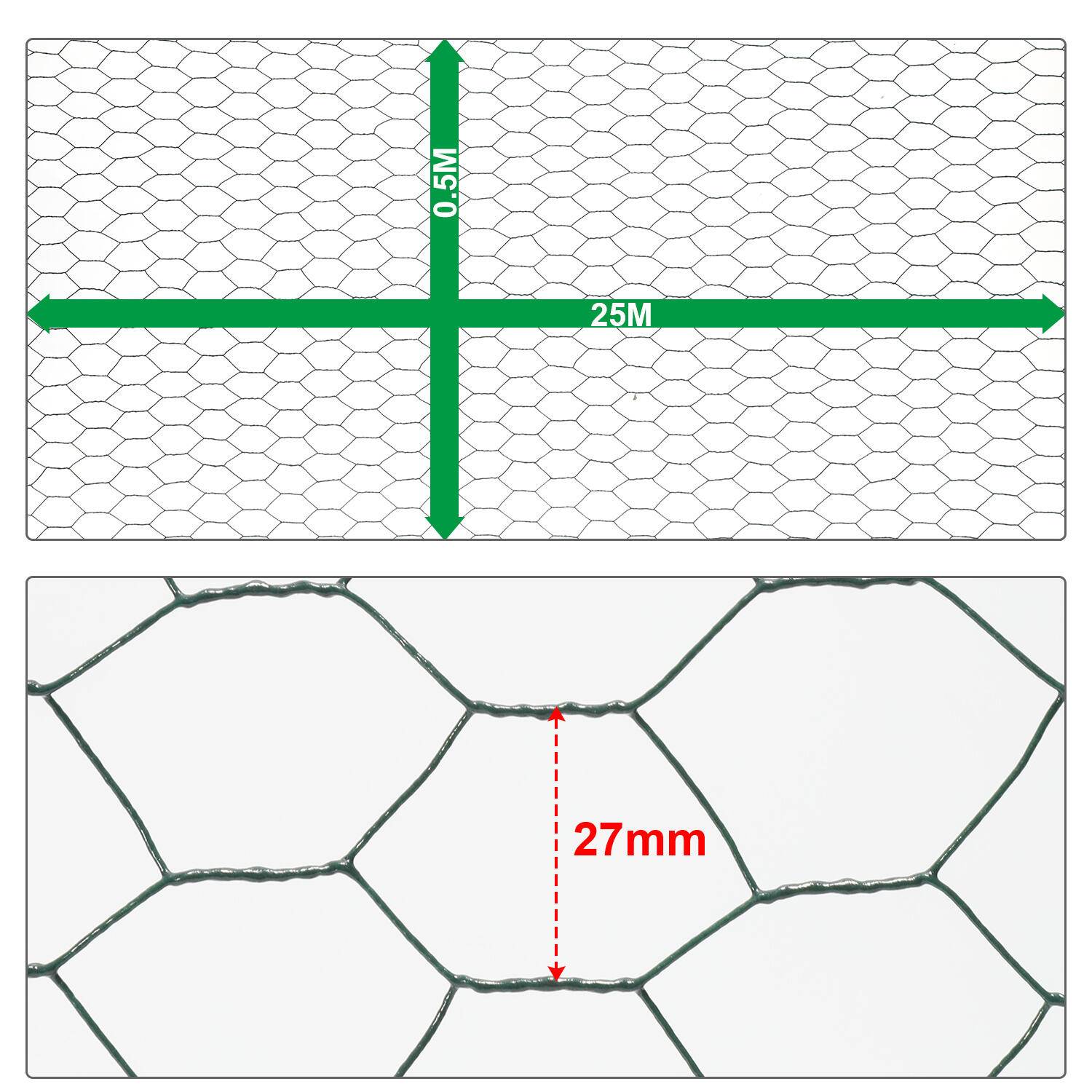 Drahtzaun 10m/25m Maschenweite: 27 mm Grün Sechskantgeflecht Maschendrahtzaun - 50 cm x 25m