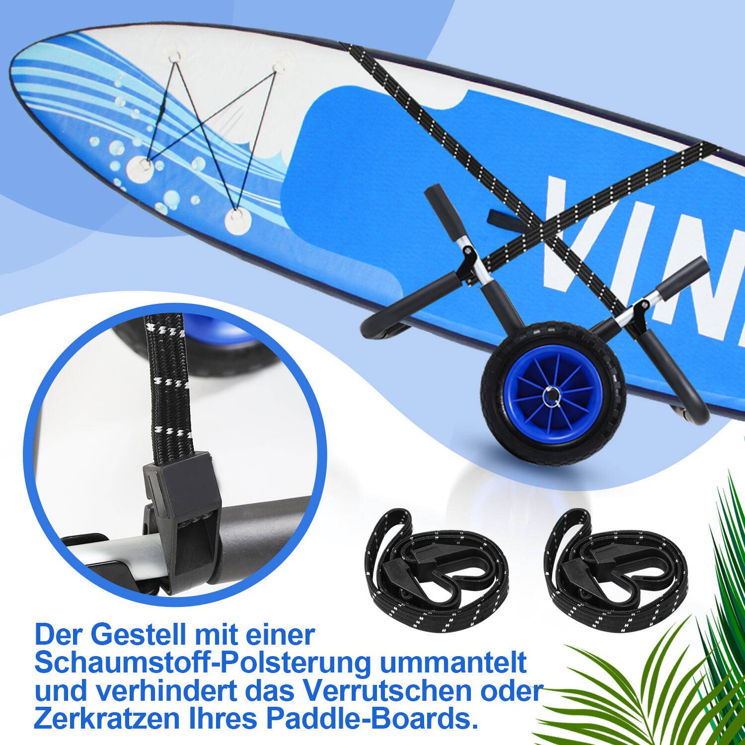 Klappbarer Doppel Transportwagen für 2 SUP Board Surfbrett Wasserski bis 80kg mit PolyurethanReifen