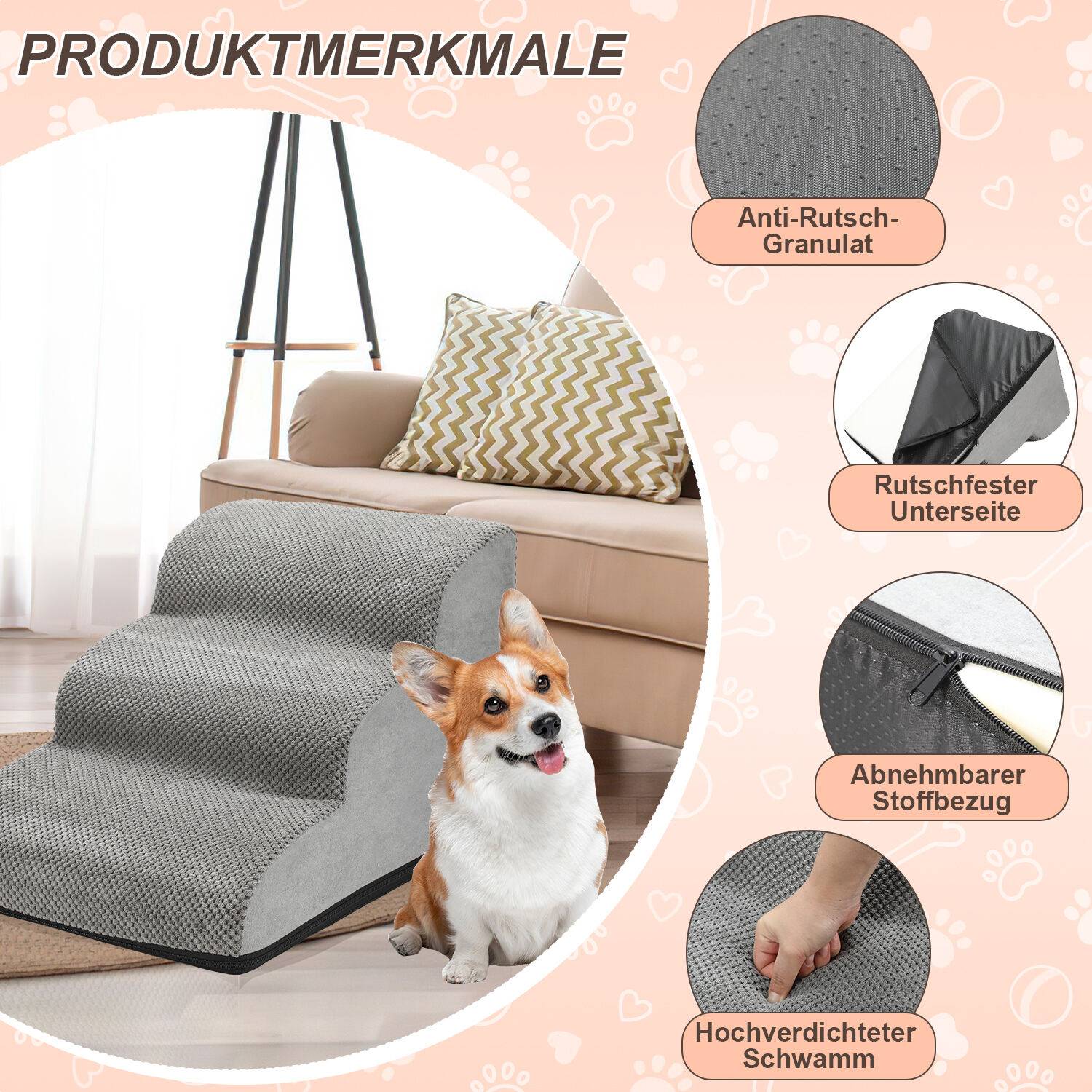 3-stufige Hundetreppe Rutschfeste Haustierrampe Treppen Hunderampe fuer Haustier Hundestufen Abnehmbar und waschbar