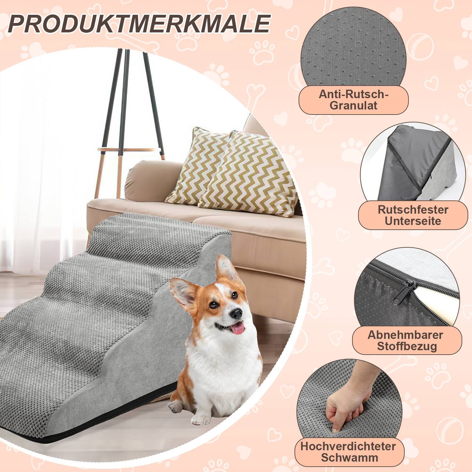 4-stufige Hundetreppe Rutschfeste Haustierrampe Treppen Hunderampe fuer Haustier Hundestufen Abnehmbar und waschbar