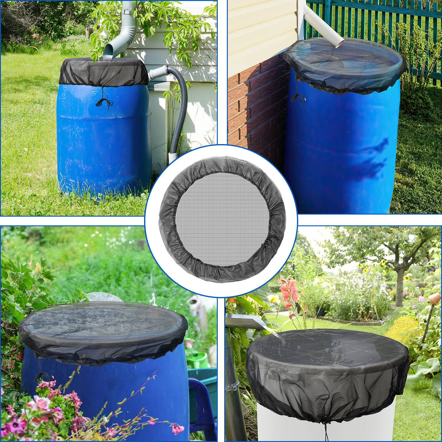Abdeckung für Regentonne rund Ø 95 cm - Regentonnen-Netz mit Zugkordel 2x Regentonnen Netz