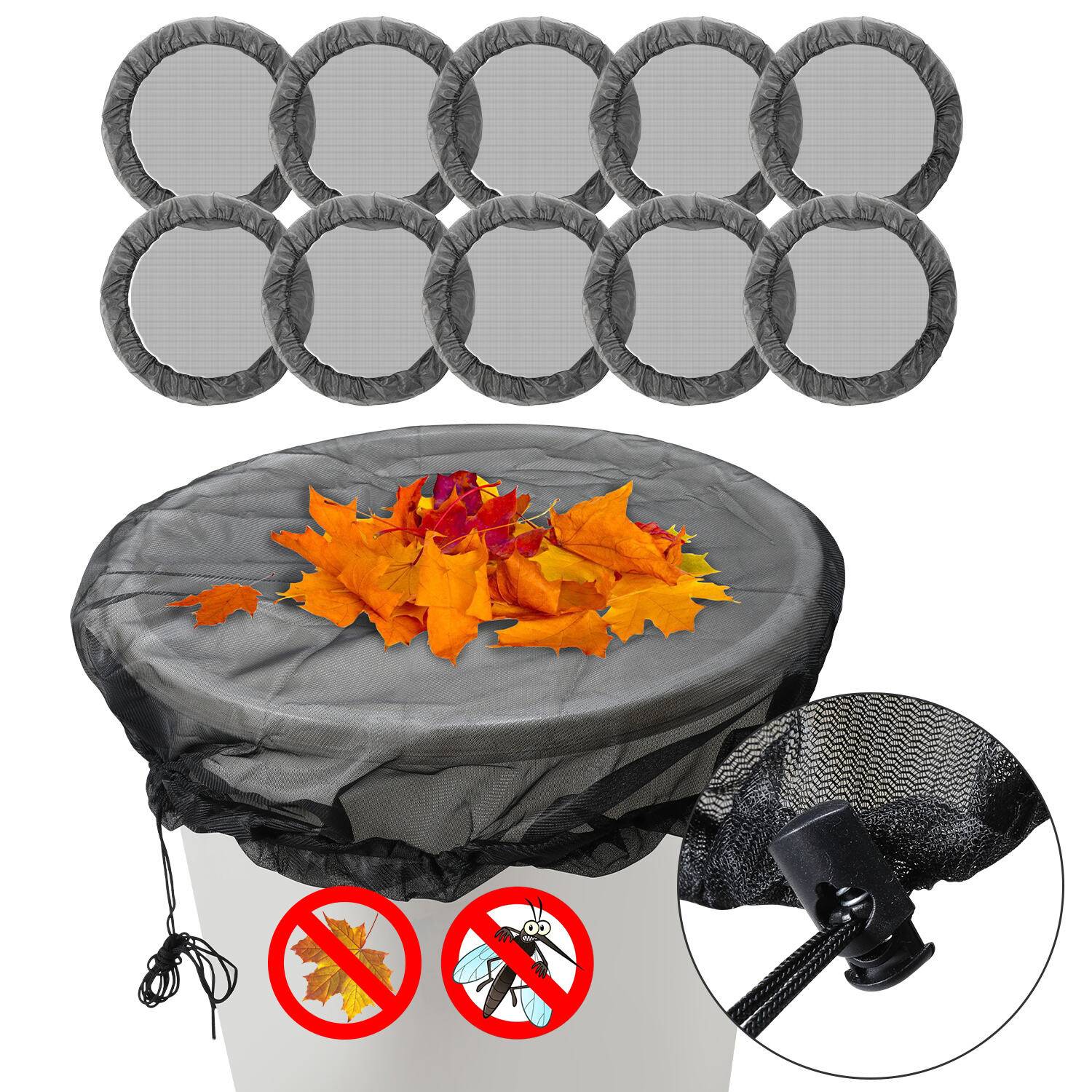 Regentonnen Netz 10x Abdeckung für Regentonnen Rund - Regentonnen-Netz mit Zugkordel 95cm Regentonnen Netz