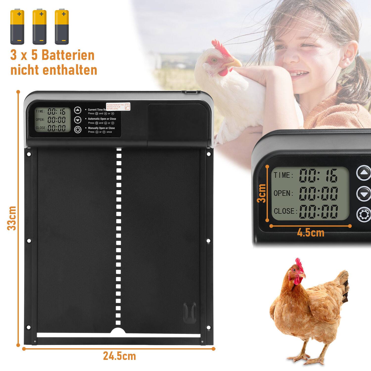 Automatische Hühnerklappe, Hühnertür Automatischer Türöffner, Elektrische Hühnerklappe, Schwarz