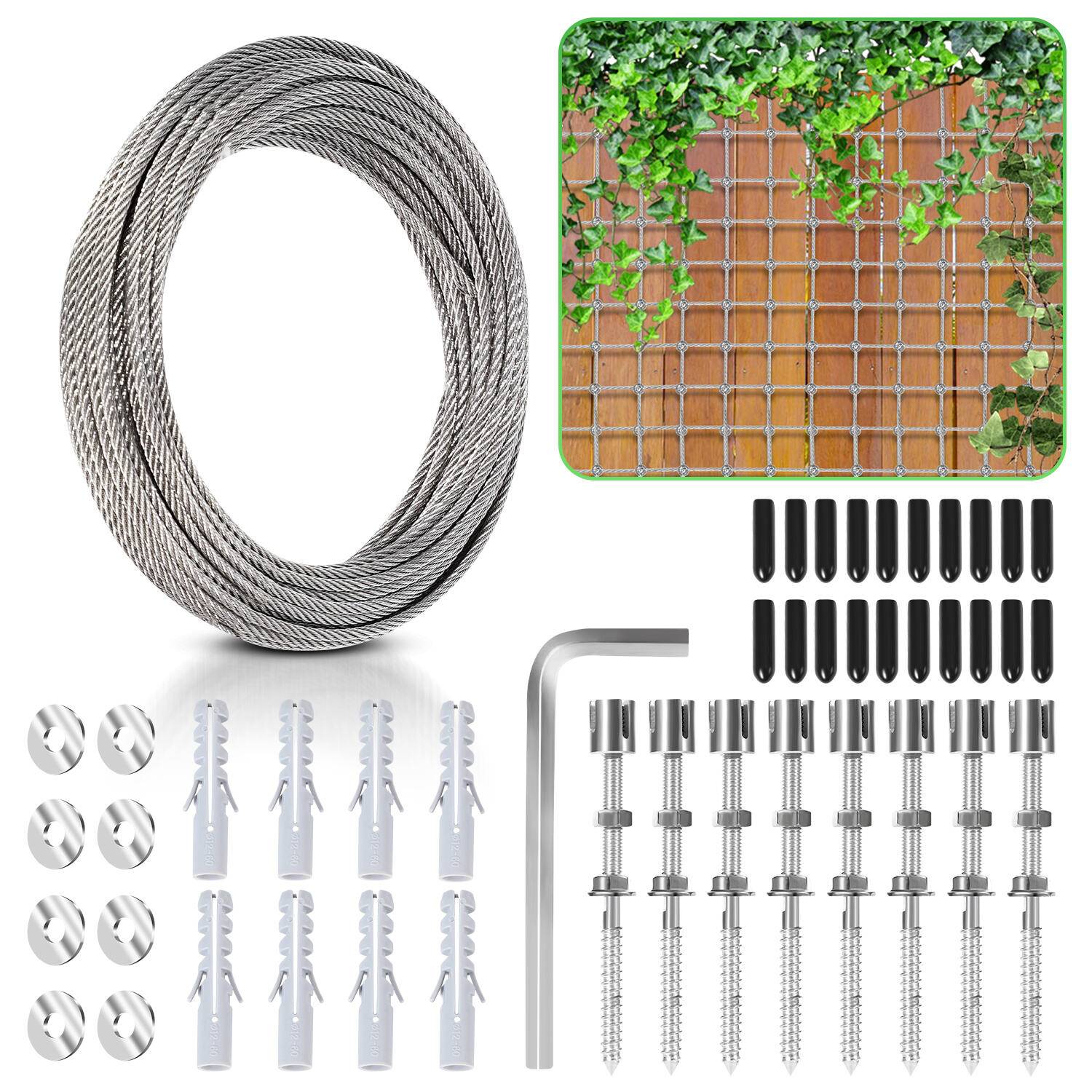 12M Rankhilfe Edelstahl Drahtseil Nature Rankseilsystem für Kletterpflanzen Edelstahlseil Seilsystem 3mm Set mit Schrauben Pflanzen Spalier
