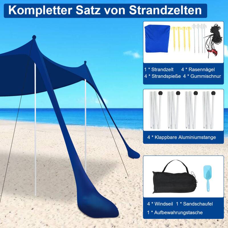 Strandmuschel UV Schutz 50+ Lycra Sonnendach Sonnenschutz Sonnenzelt Sonnensegel Sandsaecken Tragbar Wasserfest mit Tragetasche Strandmuschel fuer