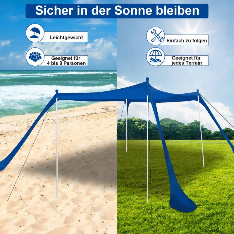 Strandmuschel UV Schutz 50+ Lycra Sonnendach Sonnenschutz Sonnenzelt Sonnensegel Sandsaecken Tragbar Wasserfest mit Tragetasche Strandmuschel fuer