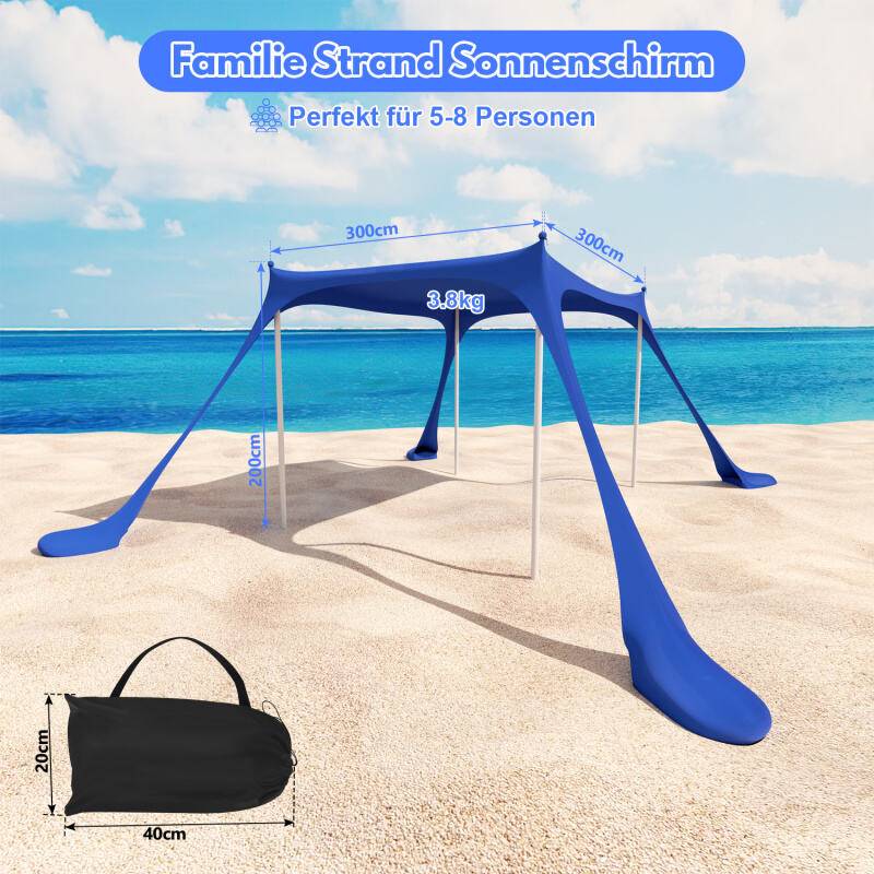 Strandmuschel UV Schutz 50+ Lycra Sonnendach Sonnenschutz Sonnenzelt Sonnensegel Sandsaecken Tragbar Wasserfest mit Tragetasche Strandmuschel fuer
