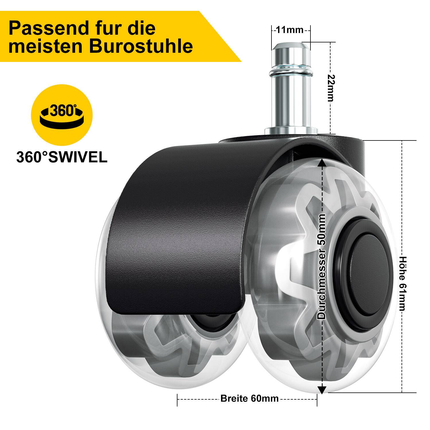 Bürostuhlrollen 15x Stuhlrollen 11x22mm 360 Grad Drehung kratzerfrei für Bürostuhl Gaming-Stuhl