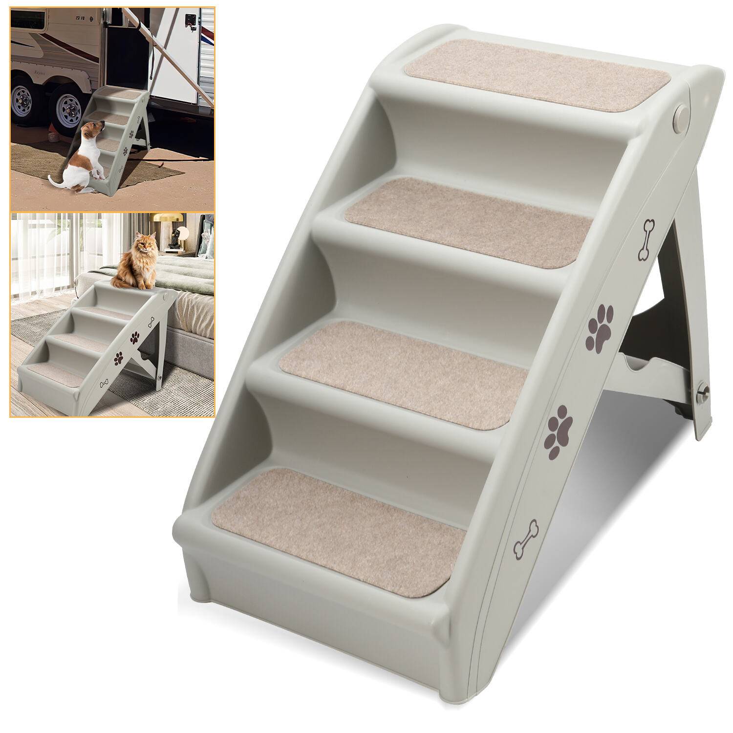 Hundetreppe Hunderampe 4 Stufen Klappbar Kunststoff Haustiertreppe Tierrampe mit Rutschfesten Matte für Kleine Große Hunde