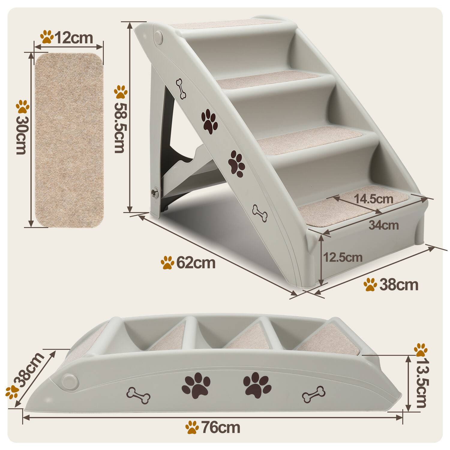 Hundetreppe 4-Stufen Hunderampe für Hunde & Katzen bis max.75 kg Klappbar Haustiertreppe Tiertreppe für Auto und Innenbereich