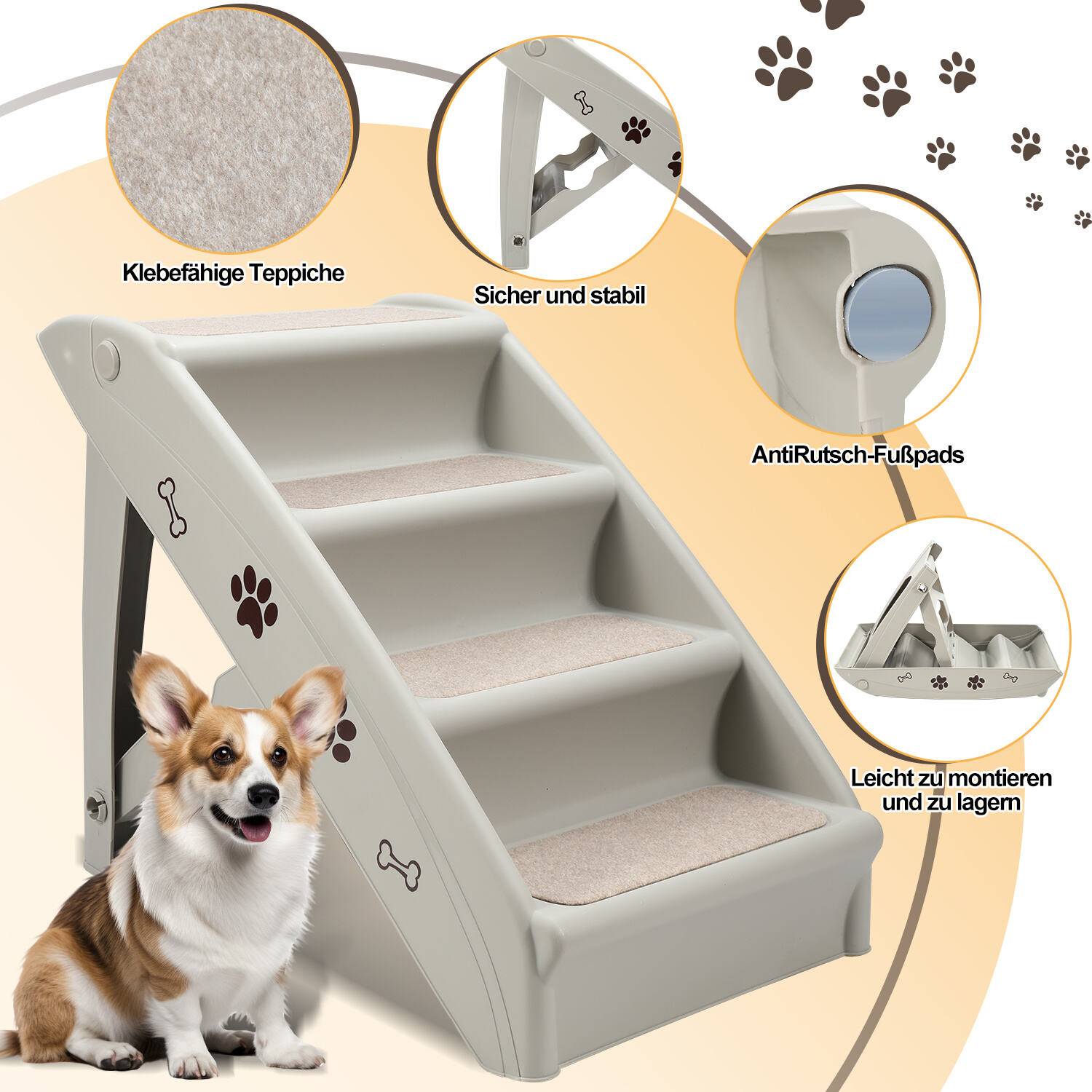 Hundetreppe 4-Stufen Hunderampe für Hunde & Katzen bis max.75 kg Klappbar Haustiertreppe Tiertreppe für Auto und Innenbereich