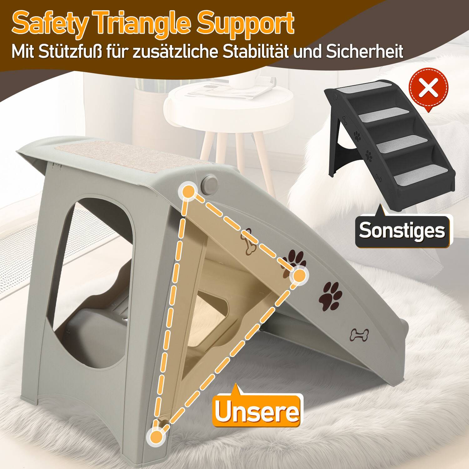 Hundetreppe Hunderampe 4 Stufen Klappbar Kunststoff Haustiertreppe Tierrampe mit Rutschfesten Matte für Kleine Große Hunde