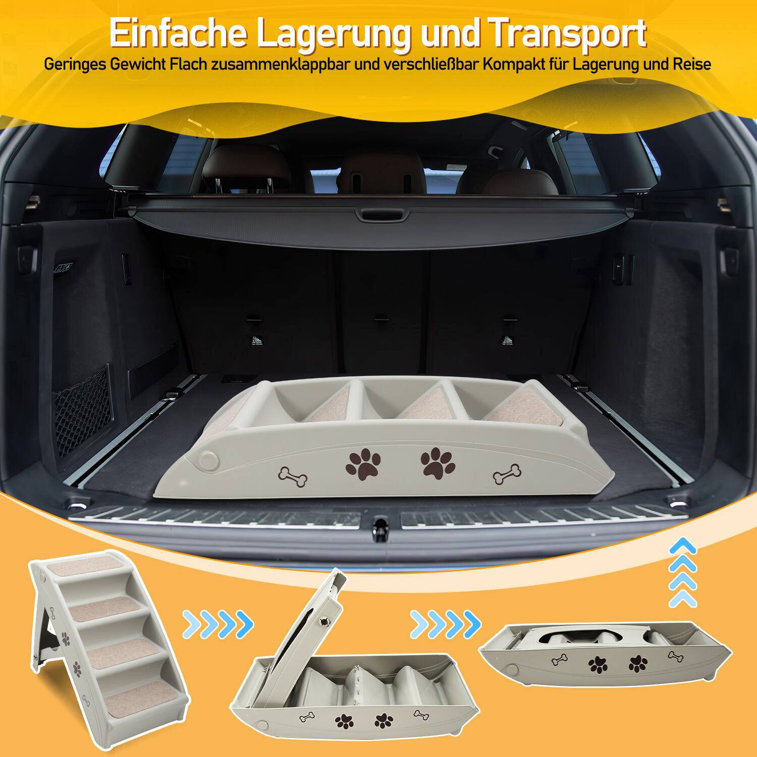 Hundetreppe 4-Stufen Hunderampe für Hunde & Katzen bis max.75 kg Klappbar Haustiertreppe Tiertreppe für Auto und Innenbereich