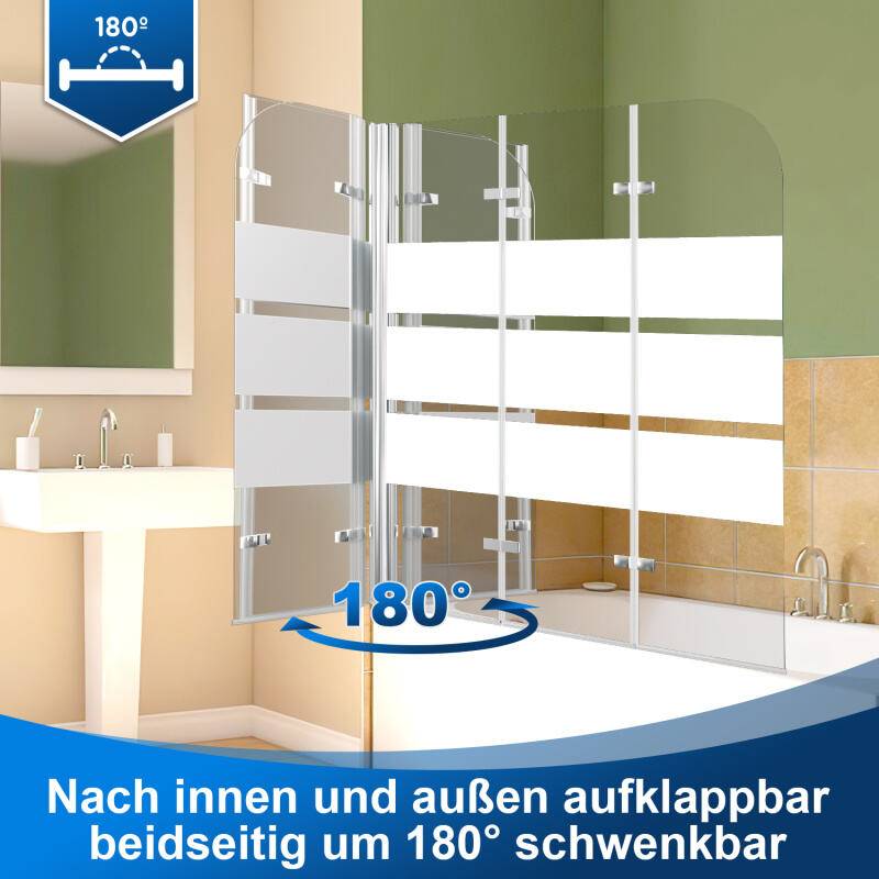 Badewannenaufsatz faltbar Klar NANO Glas ESG 6mm Duschabtrennung für Badewannen 3-teilig faltbar 120*140CM weiß