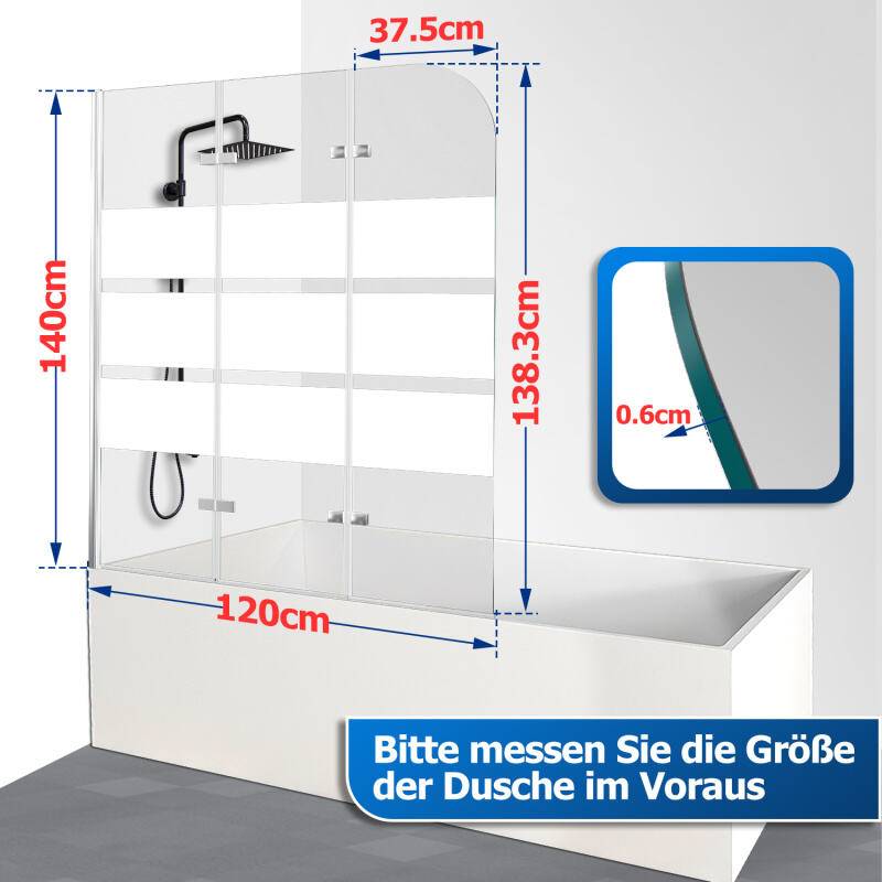 Badewannenaufsatz Faltwand Badewanne Duschabtrennung Duschwand aus 6mm NANO einfach-Reinigung Beschichtung 181° ESG Klar Glas 3-teilig faltbar