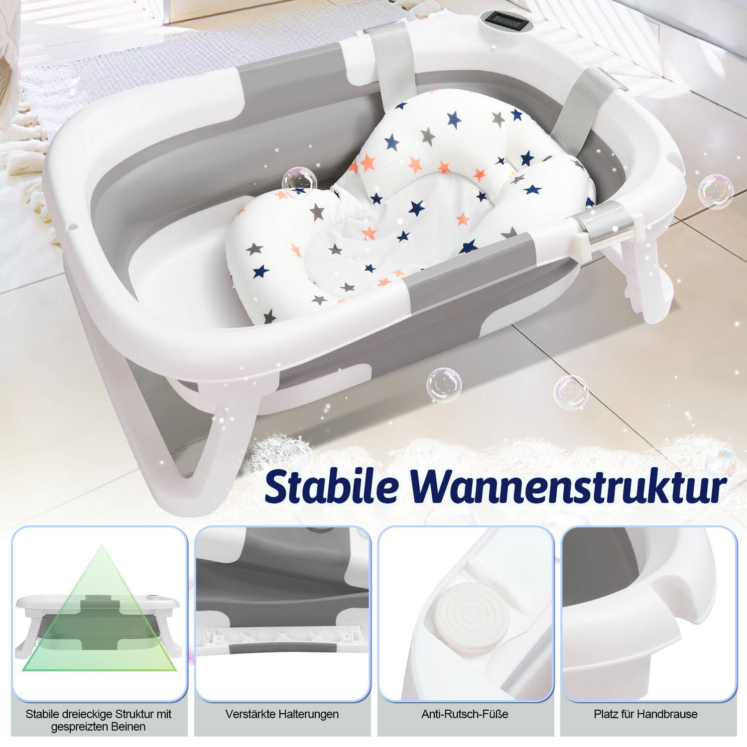 Baby Badewanne Babywanne Bathtub Badesitz faltbar mit Thermometer und verstärkten Haltegurten für Babys für 0-6 Jahre Grau
