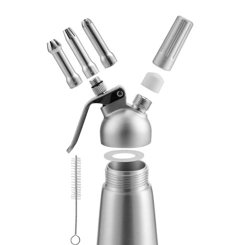 Sahnespender 0,5 L Aluminium Sahnesyphon Mit 3 Edelstahl Deko-Düsen und Reinigungbürste für die Zubereitung von Schlagsahne, Creme, Mousse N2O Sahn