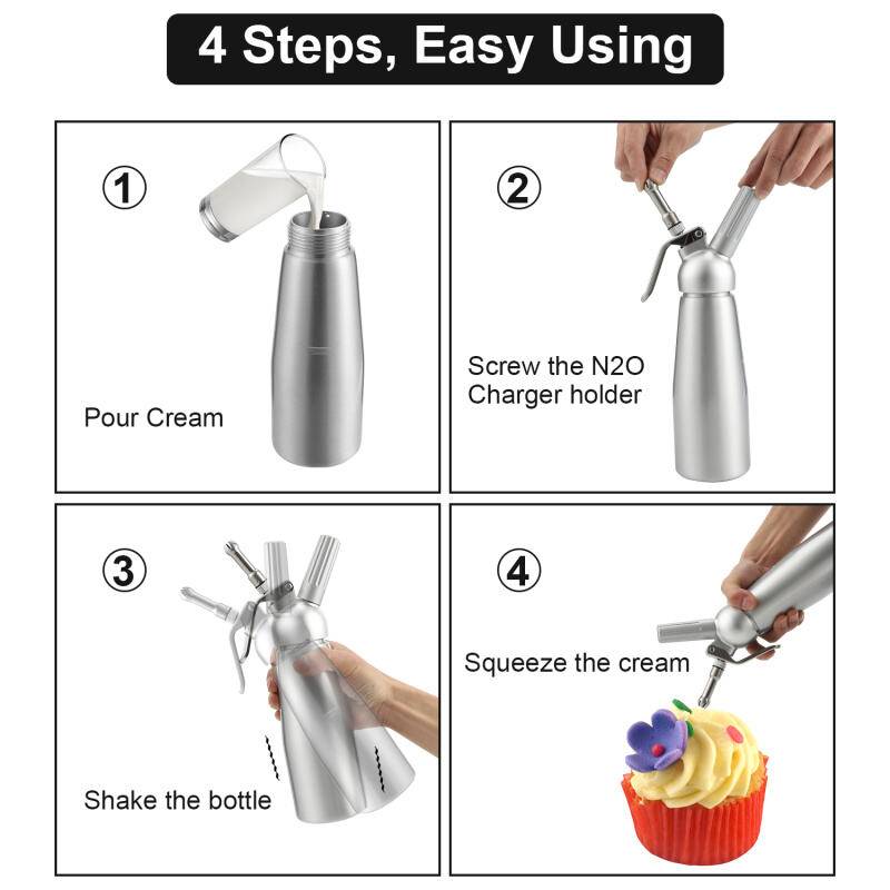 Sahnespender 0,5 L Aluminium Sahnesyphon Mit 3 Edelstahl Deko-Düsen und Reinigungbürste für die Zubereitung von Schlagsahne, Creme, Mousse N2O Sahn