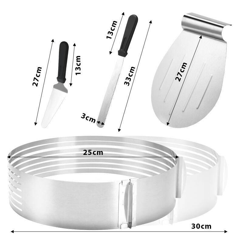 Torten Set Tortenboden 4tlg aus Edelstahl - Tortenheber Tortenschneider Schneidhilfe - Kuchen Boden Heber Messer Tortenring 23-30cm