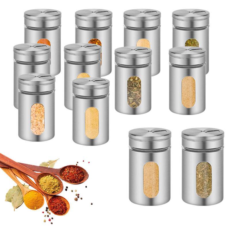 Gewürzstreuer, 12er Set, Salz & Pfeffer,80ml Glas-Gewürzgläser mit Sichtfenster & 3 Streugrößen zur Aufbewahrung von Gewürze ,Silber
