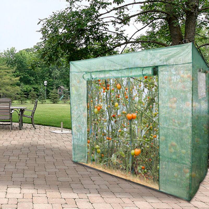 Foliengewächshaus Gewächshaus für Tomaten 200 x 80 x 170/140cm (LxBxH) , mit Gitternetzfolie und Fernster für Garten zur Aufzucht, Grün
