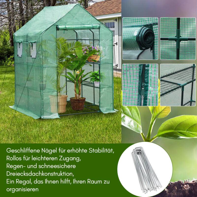 Foliengewächshaus Gewächshaus für Tomaten, mit Gitternetzfolie für Garten zur Aufzucht, Mehrweg,Grün143x143x195 cm