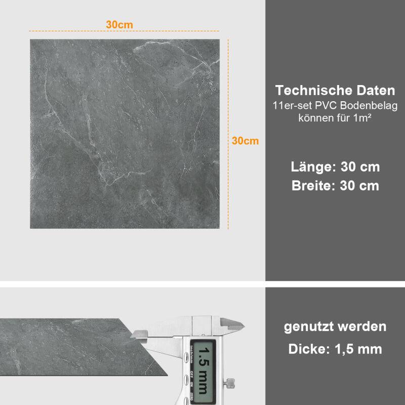 PVC Bodenbelag - Selbstklebende Fliesen - Betoneffekt - 30 cm x 30 cm x 1,5 mm - Dicke 1,5 mm - Hellgrau -ca.5m² / 55 Fliesen