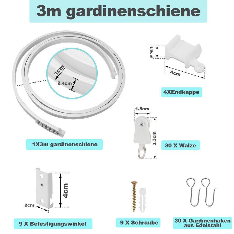 Vorhangschiene, Gardinenschiene, U-förmige, biegbare Gardinenschiene mit Gardinenhaken, 300 cm