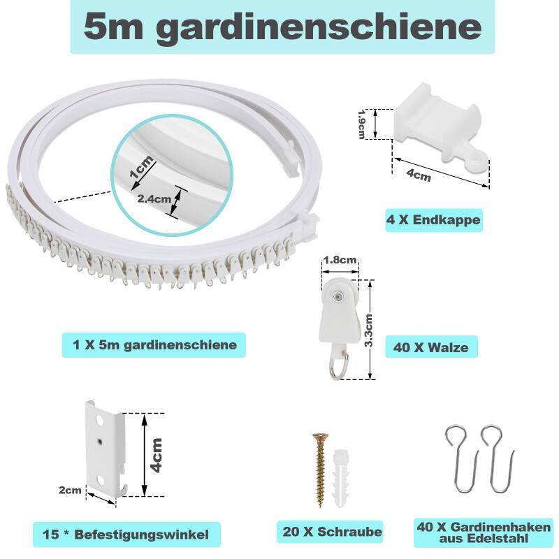 Vorhangschiene, Gardinenschiene, U-förmige, biegbare Gardinenschiene mit Gardinenhaken, 500 cm