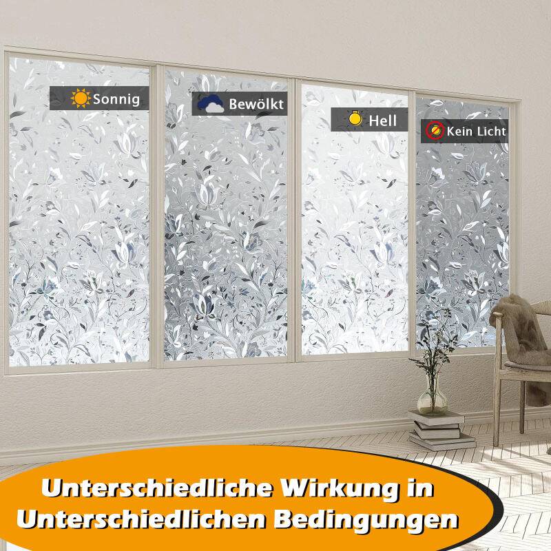 2x Fensterfolie 95% UV-Sonnenschutz Streifen Selbsthaftend Sichtschutzfolie Glasdekor (Blumenmuster,60x200cm)