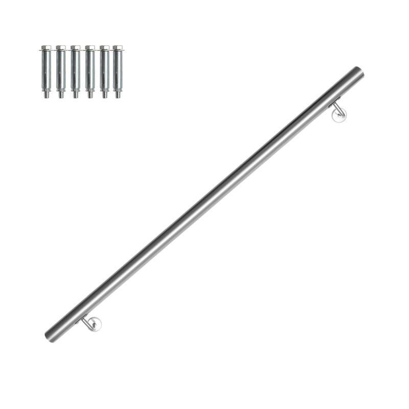 Edelstahl Handlauf Geländer matt, runde Treppe, innen und außen, Ø 42 mm, Treppengeländer mit Bügel, silber 140 cm