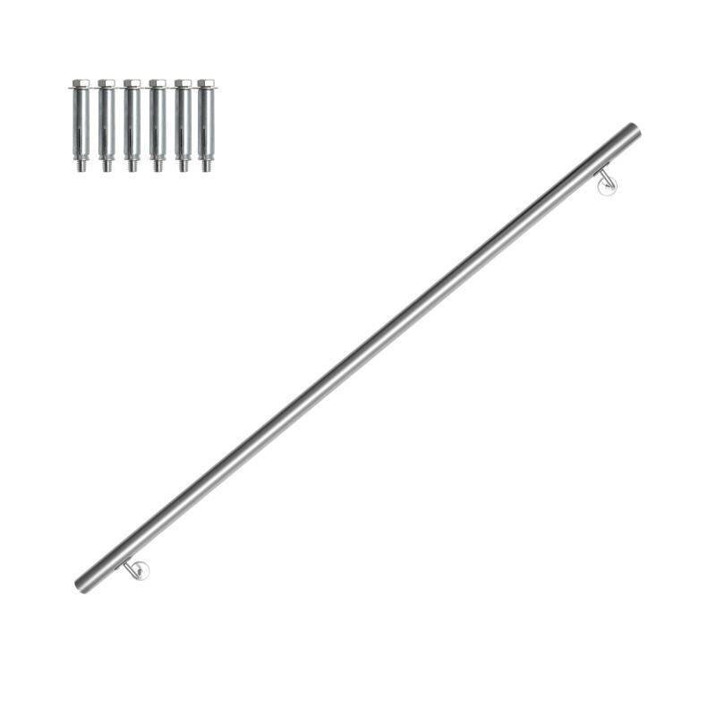 Edelstahl Handlauf Geländer matt, runde Treppe, innen und außen, Ø 42 mm, Treppengeländer mit Bügel, silber 200 cm