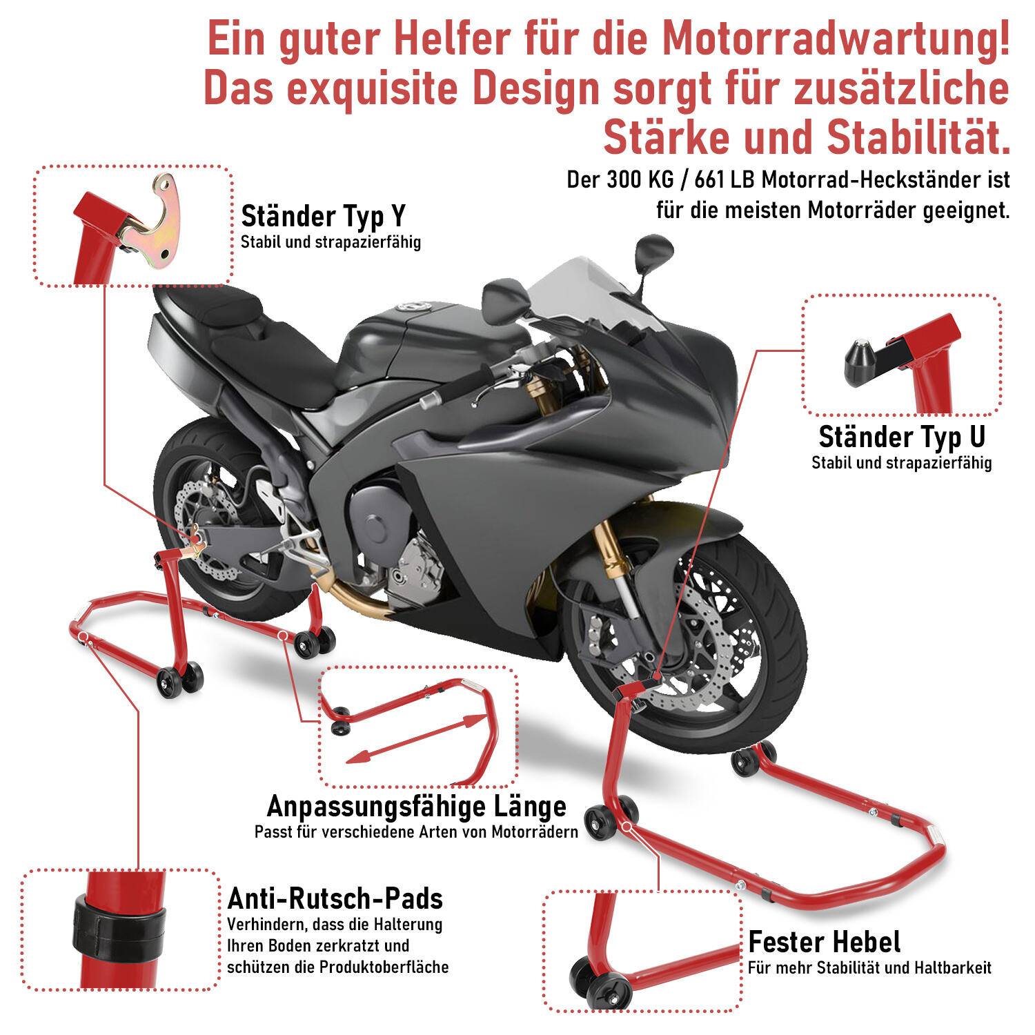 SWANEW Motorradständer für Vorderrad 300 kg Frontheber Motorradheber Front Rot