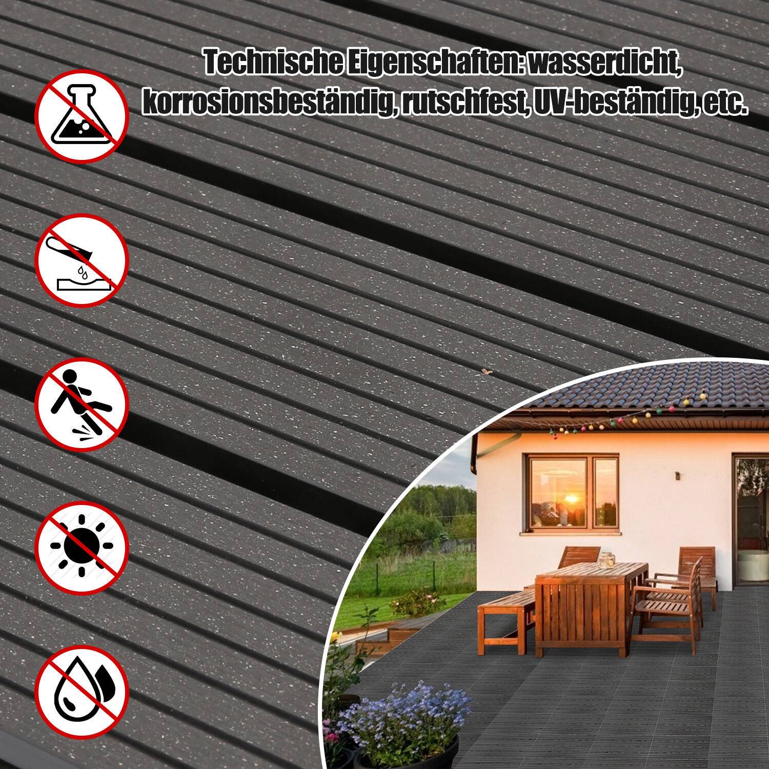 SWANEW Terrassenfliesen Holzfliesen WPC Fliesen 6er Kunststoff 2m² Garten 60x30cm Klickfliese Bodenbelag mit Drainage Anthrazit-grau