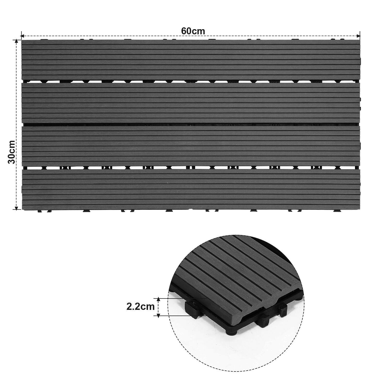 SWANEW Terrassenfliesen Holzfliesen WPC Fliesen 6er Kunststoff 2m² Garten 60x30cm Klickfliese Bodenbelag mit Drainage Anthrazit-grau