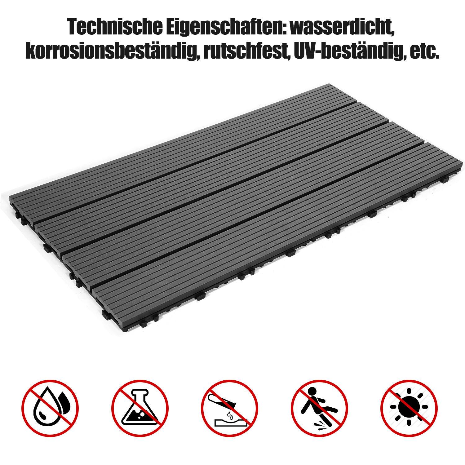 SWANEW Terrassenfliesen Holzfliesen WPC Fliesen 6er Kunststoff 2m² Garten 60x30cm Klickfliese Bodenbelag mit Drainage Anthrazit-grau