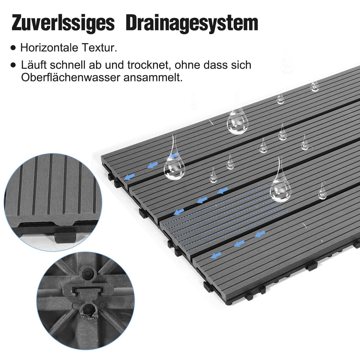 SWANEW Terrassenfliesen Holzfliesen WPC Fliesen 6er Kunststoff 2m² Garten 60x30cm Klickfliese Bodenbelag mit Drainage Anthrazit-grau