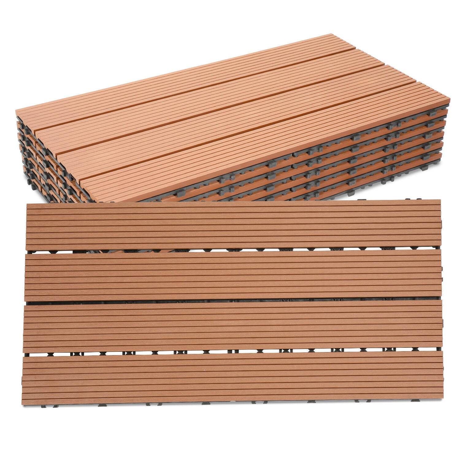 SWANEW Terrassenfliesen Holzfliesen WPC Fliesen 6er Kunststoff 3m² Garten 60x30cm Klickfliese Bodenbelag mit Drainage Braun