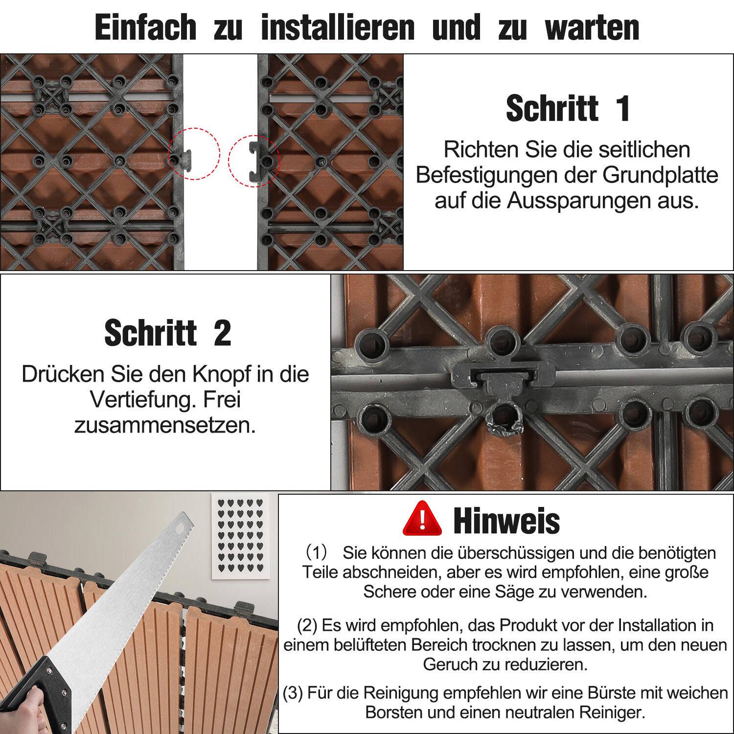 SWANEW Terrassenfliesen Holzfliesen WPC Fliesen 6er Kunststoff 3m² Garten 60x30cm Klickfliese Bodenbelag mit Drainage Braun