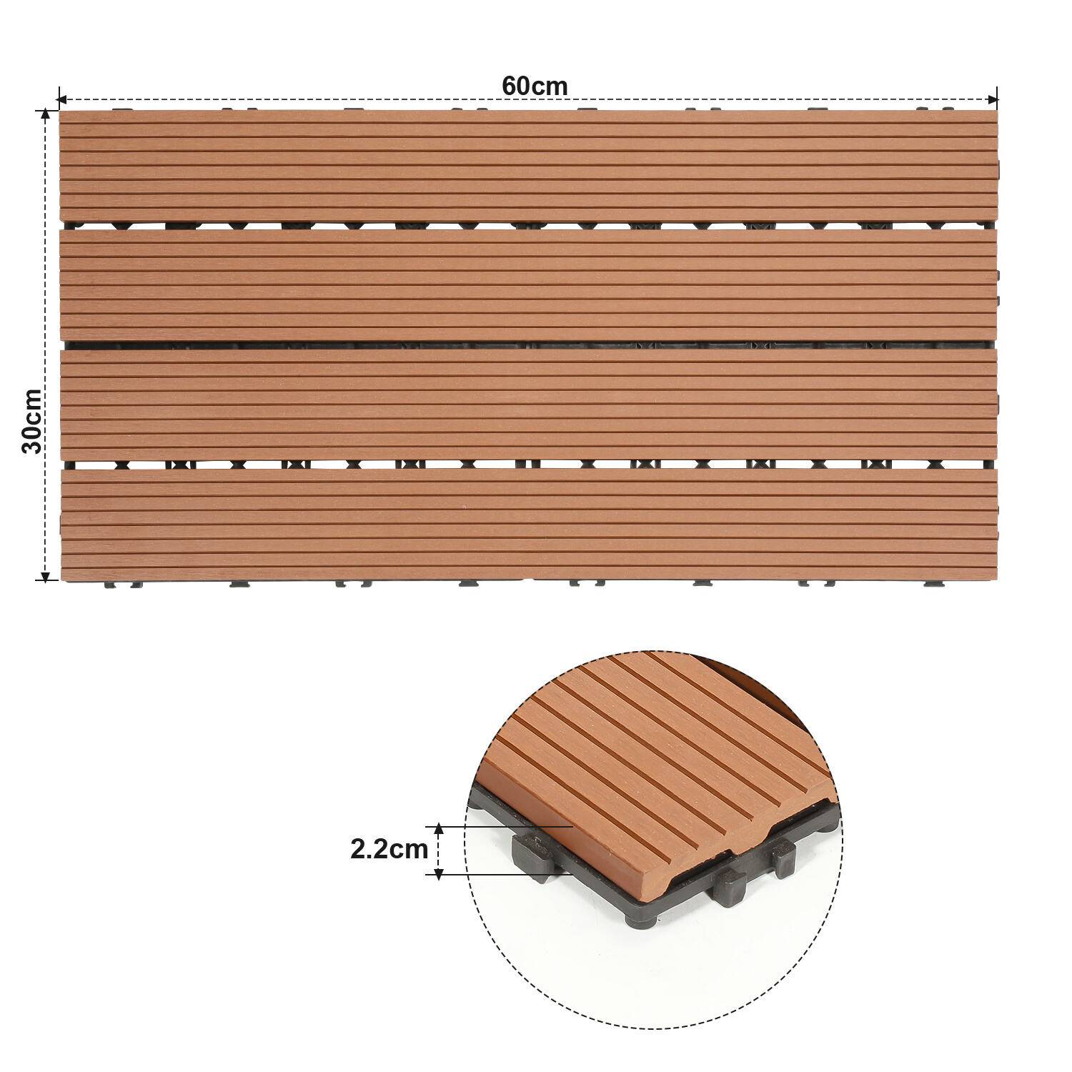 SWANEW Terrassenfliesen Holzfliesen WPC Fliesen 6er Kunststoff 3m² Garten 60x30cm Klickfliese Bodenbelag mit Drainage Braun