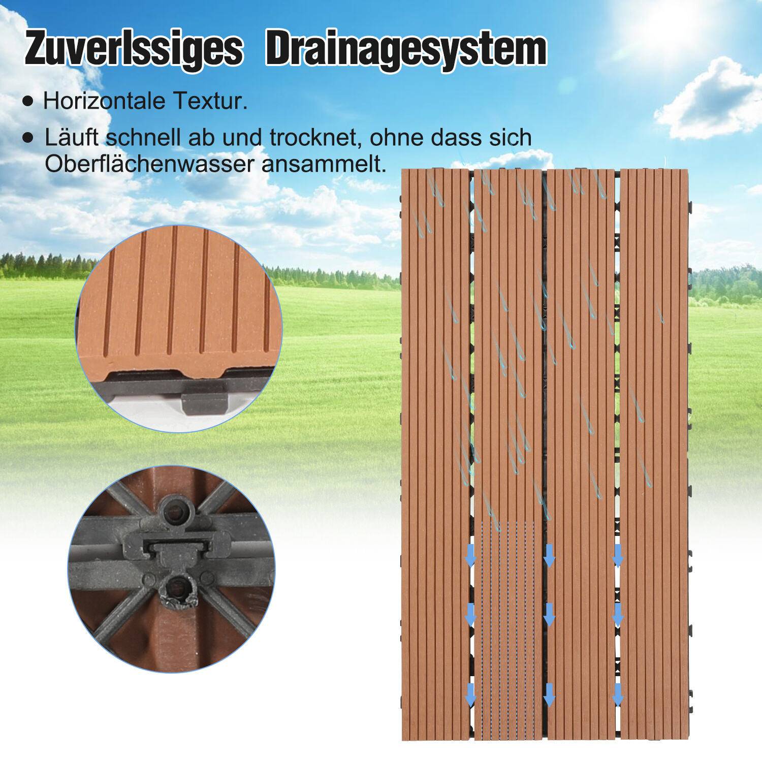 SWANEW Terrassenfliesen Holzfliesen WPC Fliesen 6er Kunststoff 3m² Garten 60x30cm Klickfliese Bodenbelag mit Drainage Braun