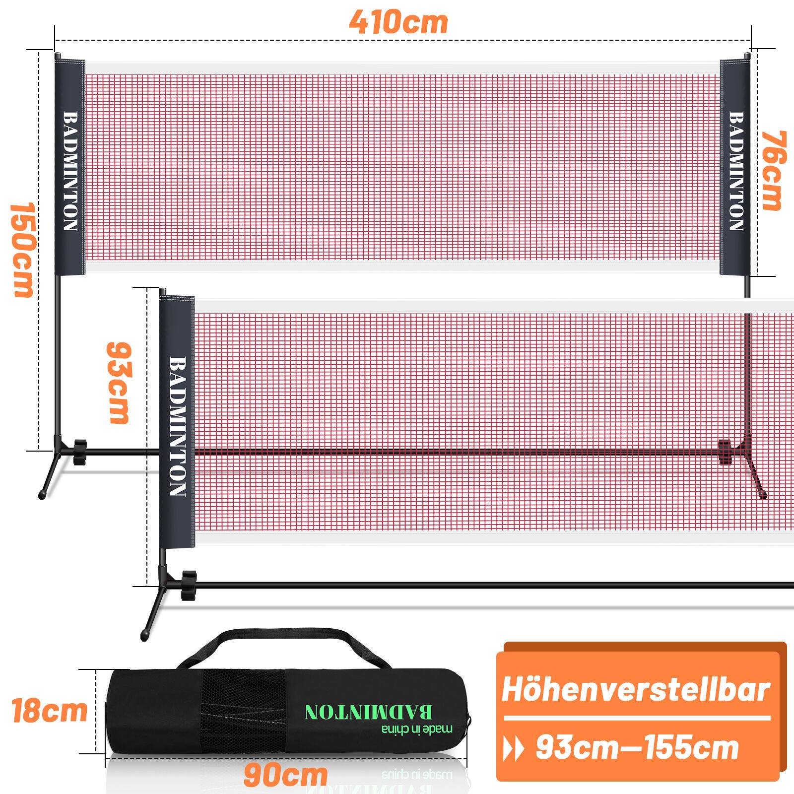 Badmintonnetz Tennisnetz Federballnetz Volleyballnetz Tragbares Trainingsnetz Höhenverstellbar mit Tragetasche 410cm breit