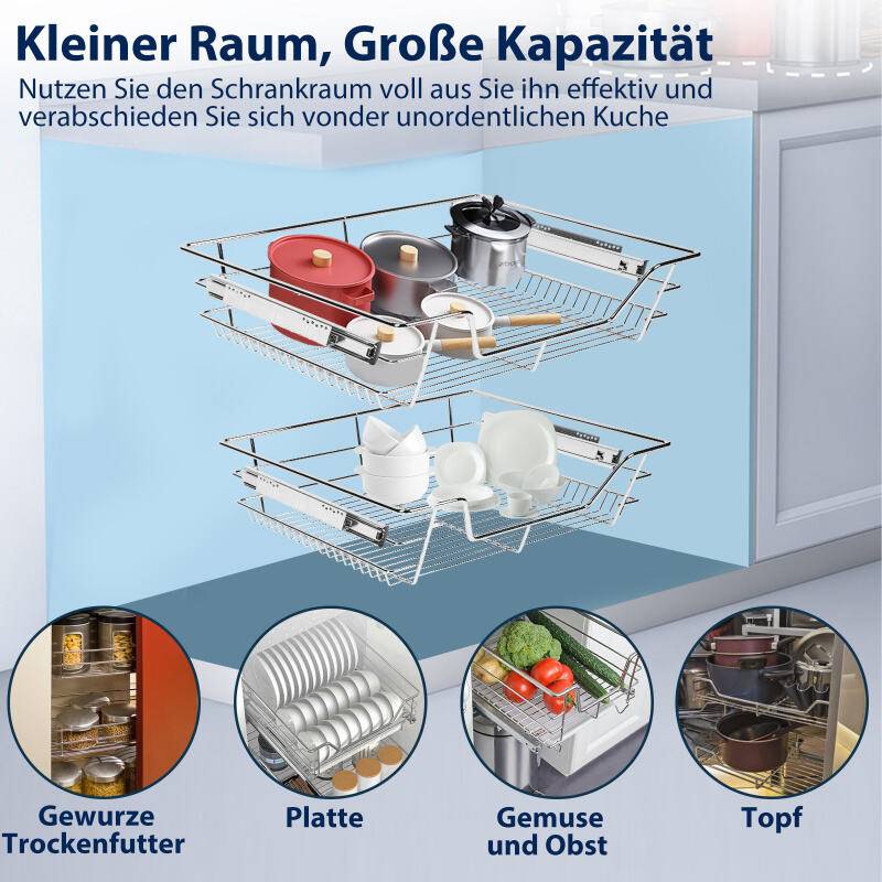 4X Küchenschublade Schrankauszug Korbauszug Teleskopschublade Vormontiert Verchromt Silber 50CM