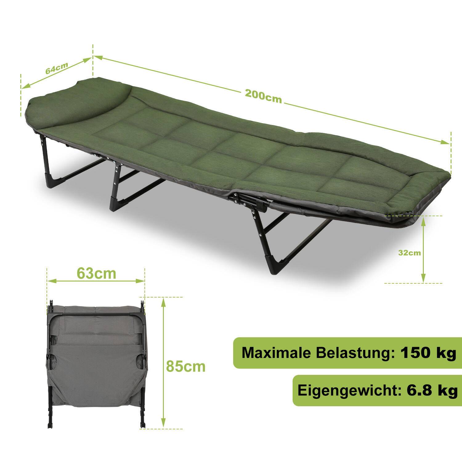 Karpfenliege Angelliege XXL 195 x 65 x 32 cm | Klappbare und stabile Bedchair Liege Feldbett 6 Bein