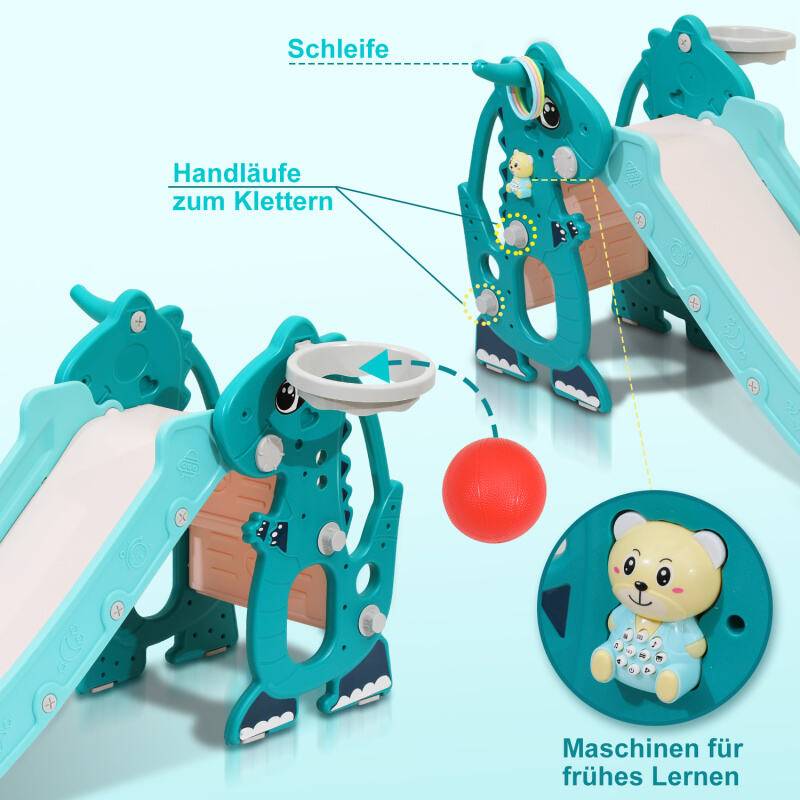 Kinderrutsche Rutsche Gartenrutsche 4-in-1 Kinder Spielplatz mit Basketballkorb Wurfring Englisch-Lerngerät Grün
