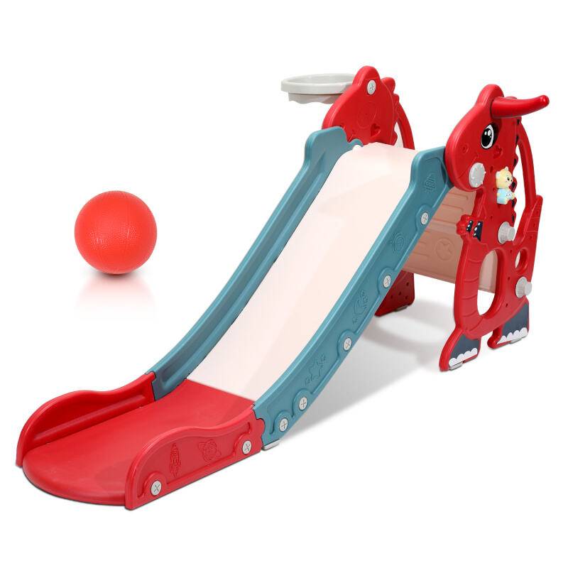 Kinderrutsche Rutsche Gartenrutsche 4-in-1 Kinder Spielplatz mit Basketballkorb Wurfring Englisch-Lerngerät Rot