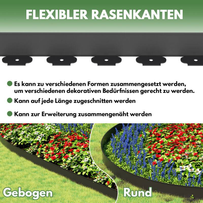 Flexible Rasenkante aus Kunststoff zur Verankerung Beetumrandung Beeteinfassungen Schwarz 10m x 5cm mit 30 Erdanker