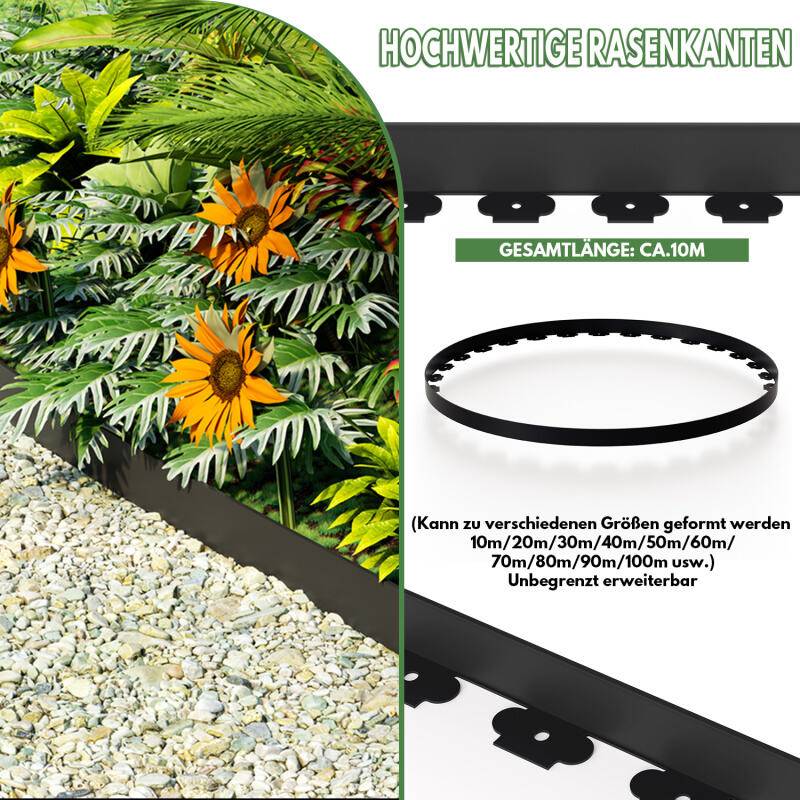 Flexible Rasenkante aus Kunststoff zur Verankerung Beetumrandung Beeteinfassungen Schwarz 10m x 5cm mit 30 Erdanker