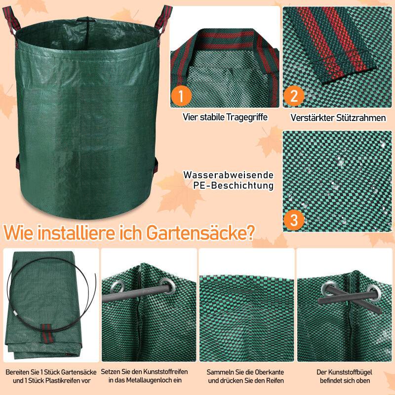 6X Gartensack Laubsack Gartenabfallsack XXL Garten Tasche Rasensack mit Griffen 272L - Grün