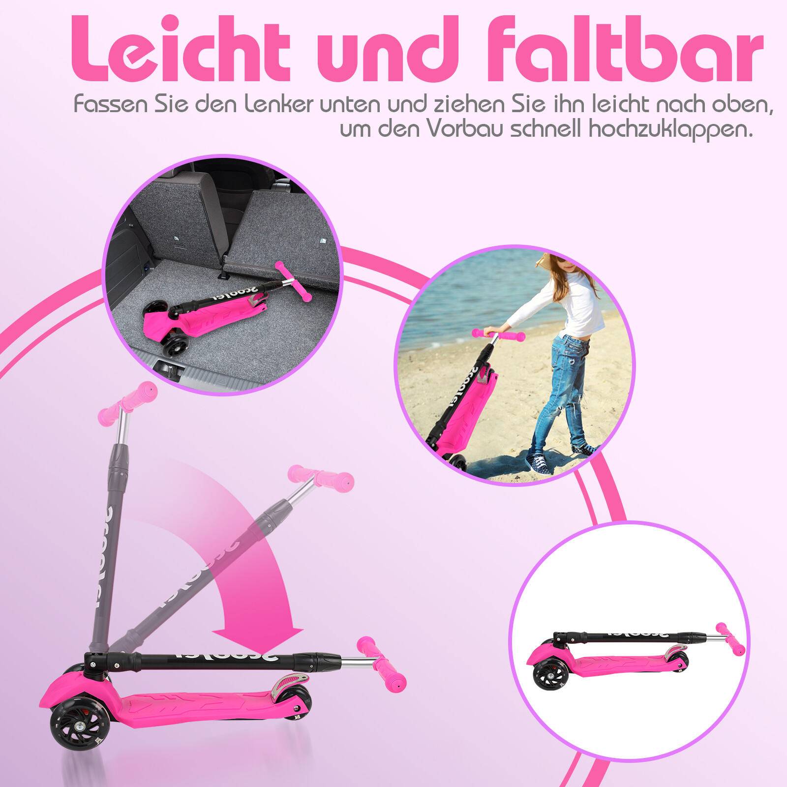 Kinderroller Klappbar Tretroller Cityroller LED Räder Kickscooter Dreiradscooter Höhenverstellbar Rosa